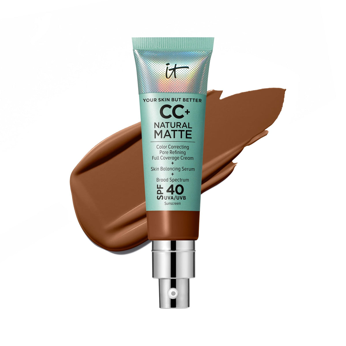 IT Cosmetics CC+ Cream Natural Matte Foundation with SPF 40 - Shine-Reducing & Long-Wear Full Coverage Foundation For Oily Skin - With Hyaluronic Acid - Non-Comedogenic, Deep - 1.08 fl oz