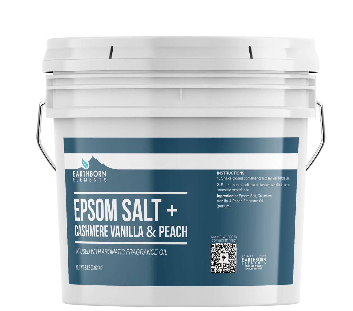 Earthborn Elements Cashmere Vanilla & Peach Epsom Salt 8 lb, One Gallon Bucket, Pure & Undiluted, Soaking Salt with Fragrance