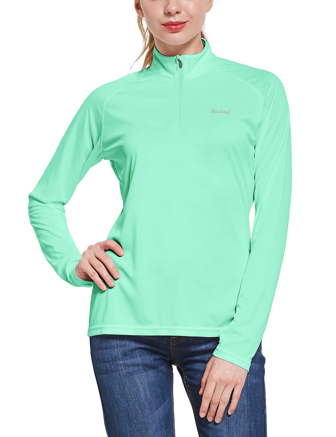 BALEAF Women's Sun Shirts 1/4 Zip Pullover UPF50+ UV Protection Lightweight Quick Dry Golf Hiking Running Workout Tops Light Green Size M