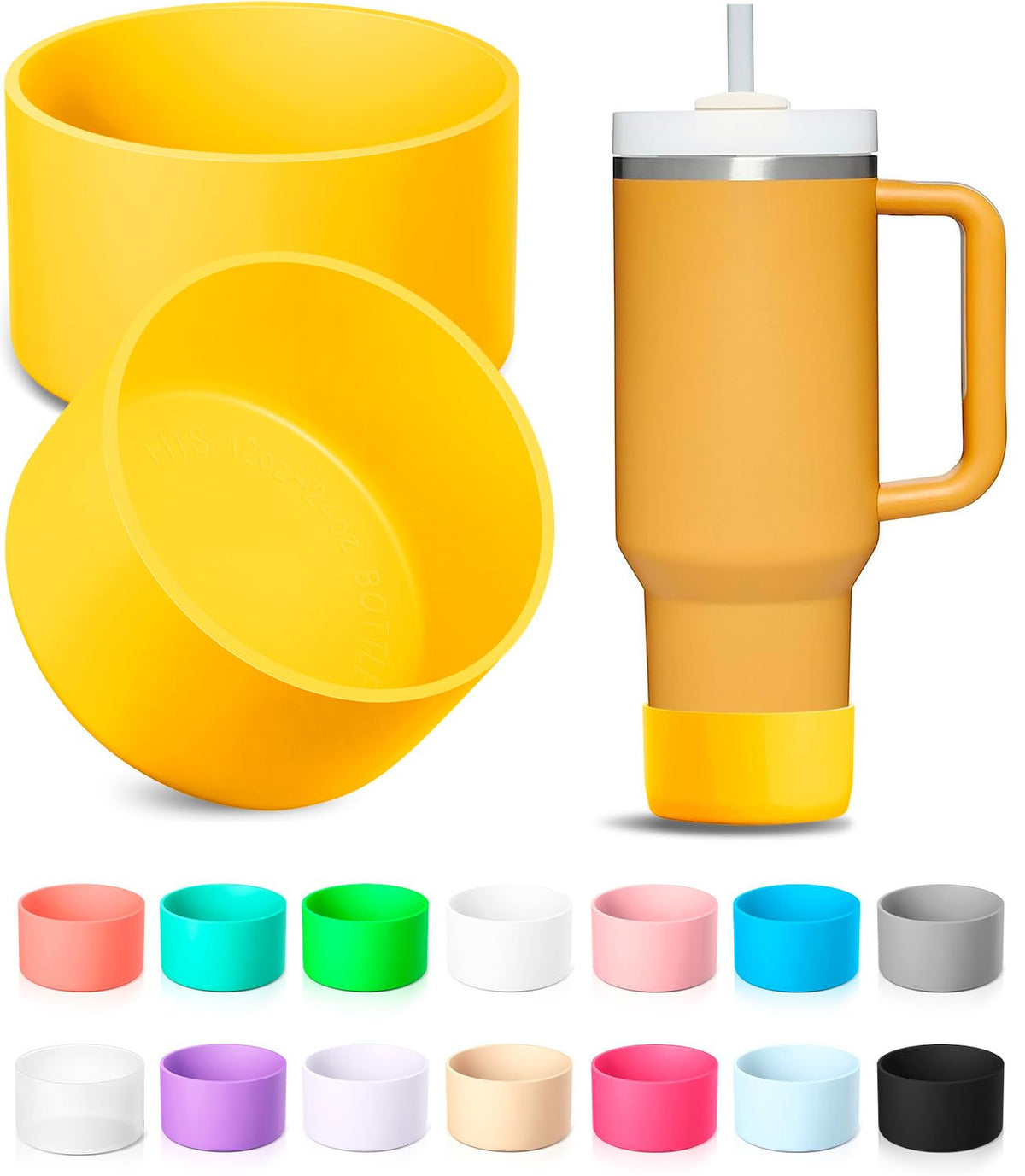 KTKUDY 2Pcs Silicone Boot for Stanley Quencher Tumbler H2.0 30 oz 40 oz & IceFlow 20 oz 30 oz & intended for Hydro Flask Water Bottle 12-24 oz - Cup Bottom Accessories Fits Stanley Cup, Yellow