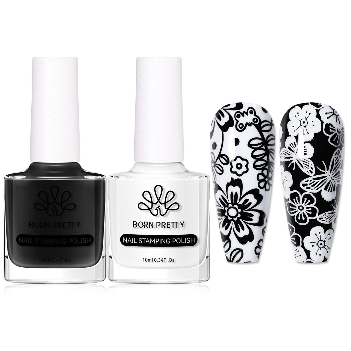 Born Pretty Nail Art Stamping Polish White Black Manicure Image Stamp Polish Set Print Polish Varnish 2 Bottles