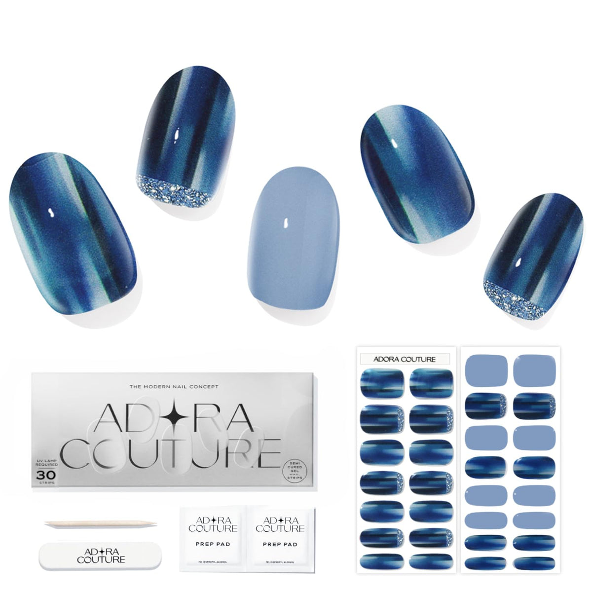 Adora Couture Semi Cured Gel Nail Strips with 30 Pieces, Salon Quality Nail Wraps for Women, Blue Glossy with Glitter UV Gel Nail Stickers, UV Light Required, England Royal
