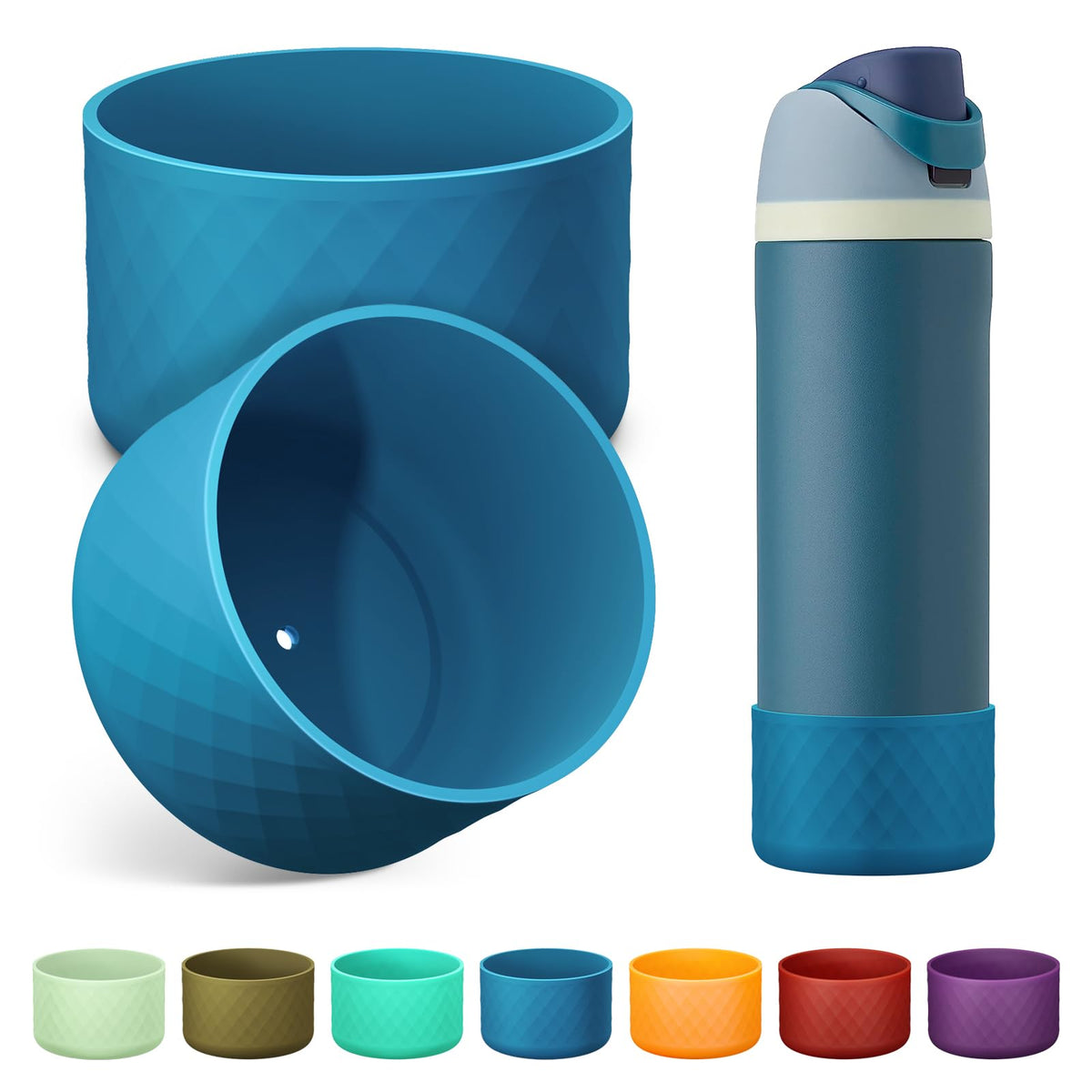 Alwenid 2PCS Silicone Water Bottle Boot for Owala 24 Oz, Anti-Slip Protective Sleeve Bottom Bumper Protector for FreeSip, Twist, and Flip Stainless Steel Water Bottles (Dark Blue)
