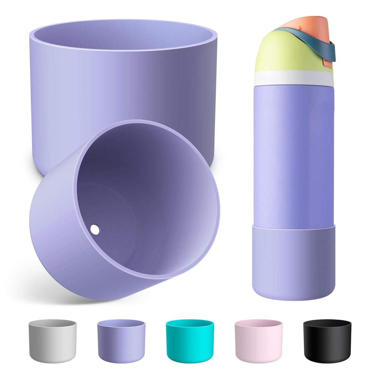 2PCS Silicone Water Bottle Boot for Owala 24 Oz, Alwenid Anti-Slip Protective Sleeve Bottom Bumper Protector for FreeSip, Twist, and Flip Stainless Steel Water Bottles (Purple)