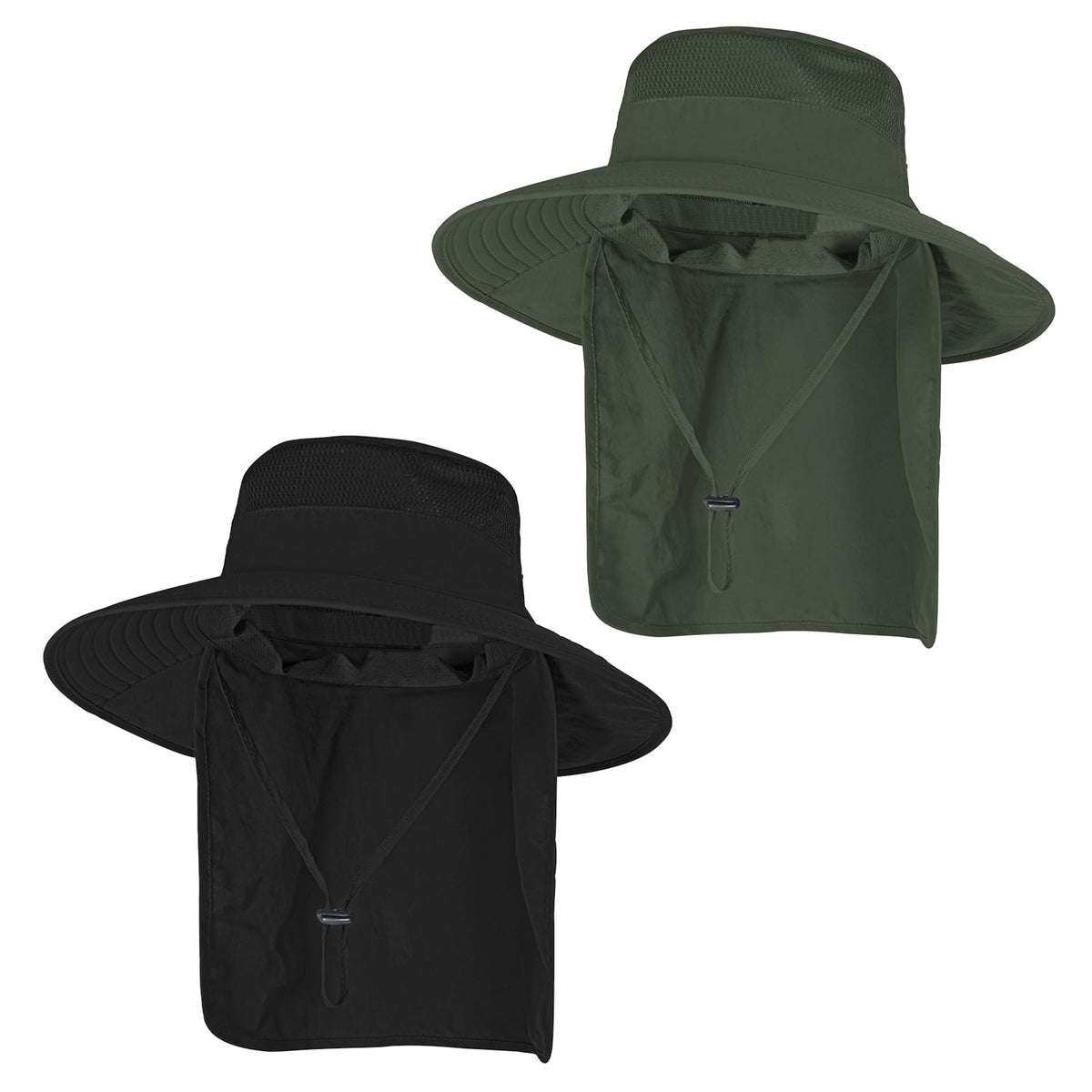 2Pack Sun Hats for Men Women Fishing Hat UPF 50+ Breathable Wide Brim Bucket Hats Summer UV Protection Safari Hat with Neck Flap Black/Army Green