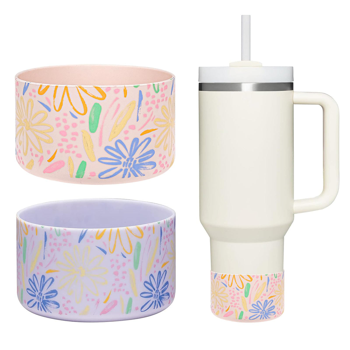 WK IEASON 2 Pcs Tumbler Bottom Protector Boot for Stanley Quencher Adventure 40oz & Stanley IceFlow 20oz 30oz and Compatible with Hydro Flask Water Bottle 12oz 21oz 24oz (Rose Quartz/Fog Flowers)