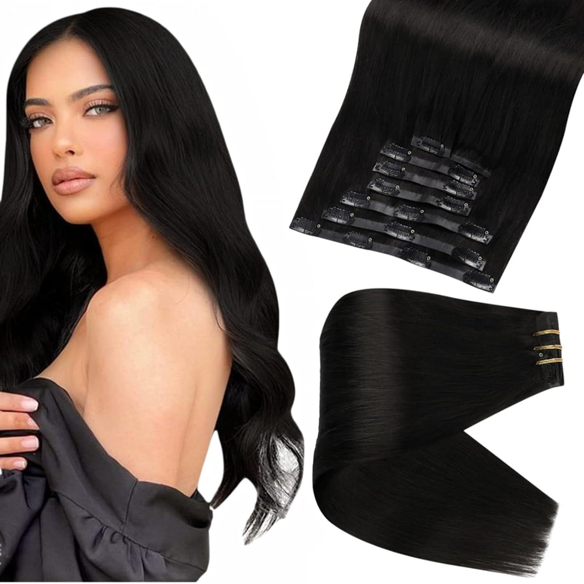 Full Shine Seamless Hair Extensions Clip ins Black Clip in Human Hair Natural Black Invisible Clip in Hair Extensions Real Human Hair for Short Add Volume 8 PCS 12 Inch 95 G