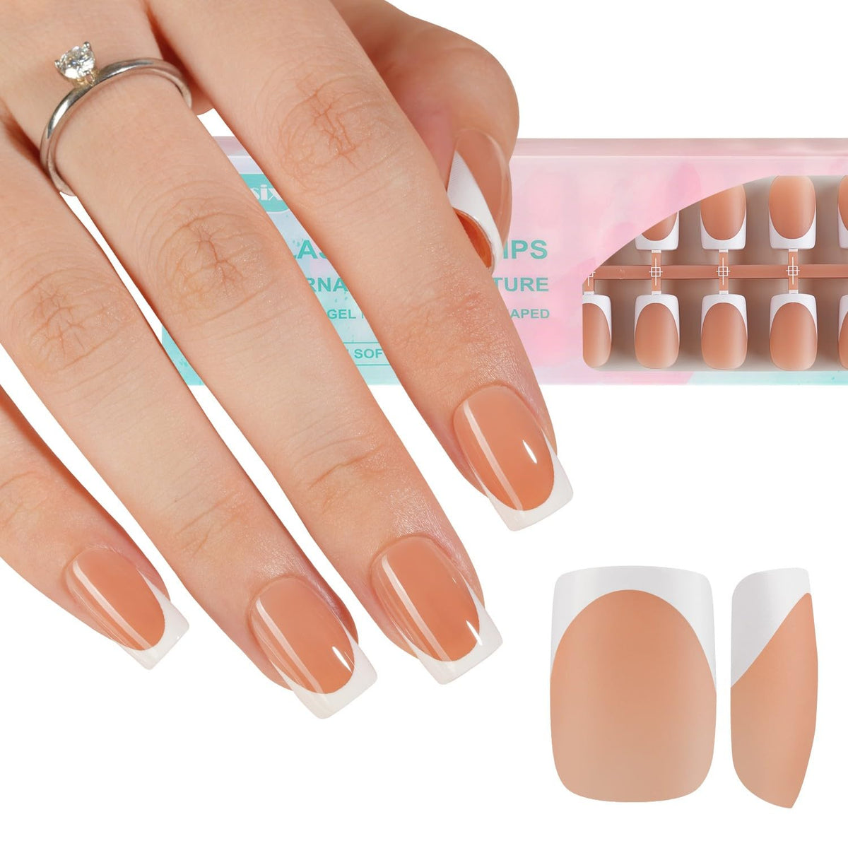 Misssix French Gel Nail Tips, 160Pcs French Tip Press on Nails Short Square Brown, No Need to File Tips Pre-lasting, Fake Nails for Nail Art DIY 16 Sizes