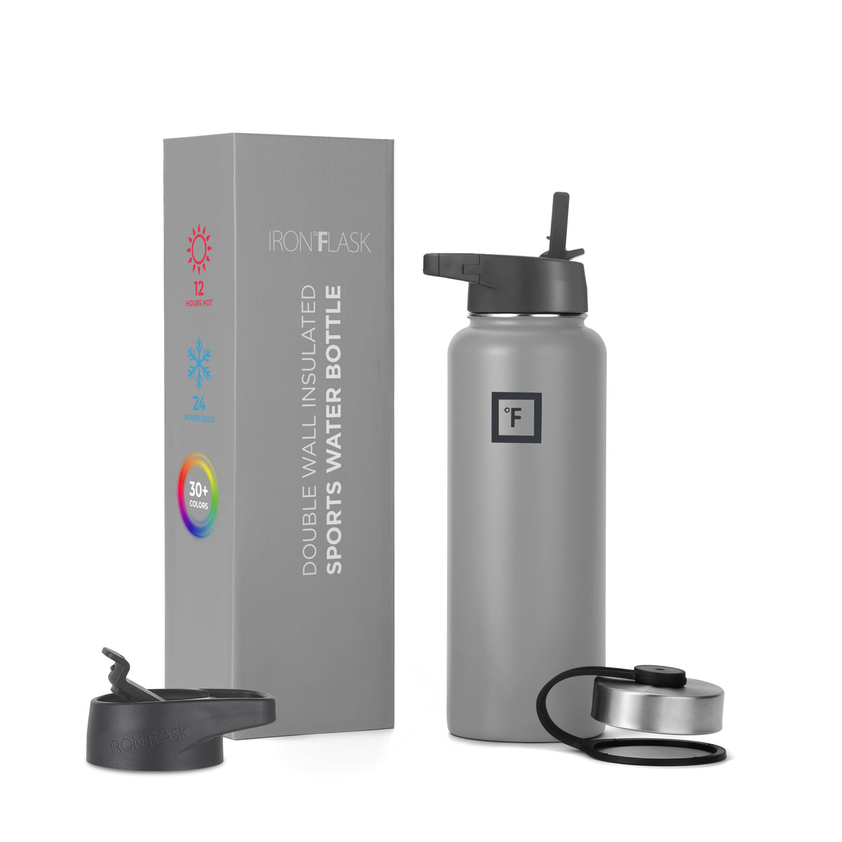 IRON °FLASK Camping & Hiking Hydration Flask, Wide Mouth, 3 Straw Lids, Stainless Steel Outdoor Water Bottle, Double Walled, Insulated Thermos, Metal Canteen - Graphite Slate, 40 Oz