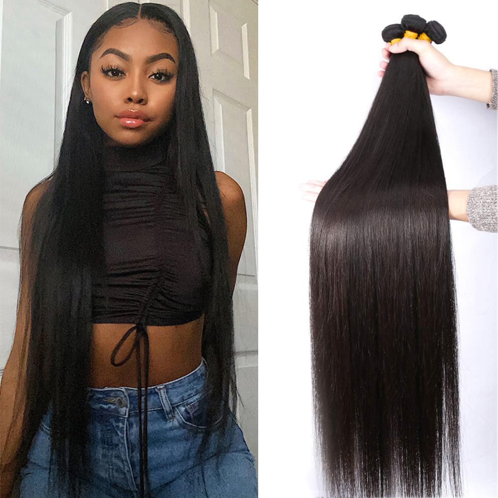 Human Hair Bundles Straight Bundles Human Hair 3 Bundles 100% Unprocessed Brazilia Virgin Hair Straight Bundles Double Weft Weave Human Hair Bundles Human Hair Deals Natural Black(18 18 18 Inch)