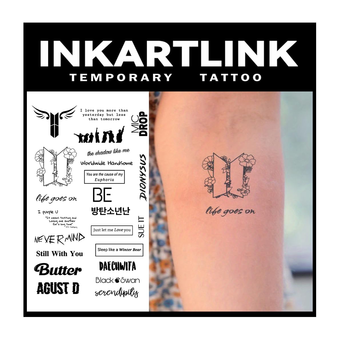 INKARTLINK Tattoo Tech, 2 Sheets Extra large Semi Permanent Tattoo, Adult Art Design Temporary Tattoos, Lasts 1-2 Weeks, Waterproof, Realistic Look, No Adhesive, No Reflection (English Sentences)