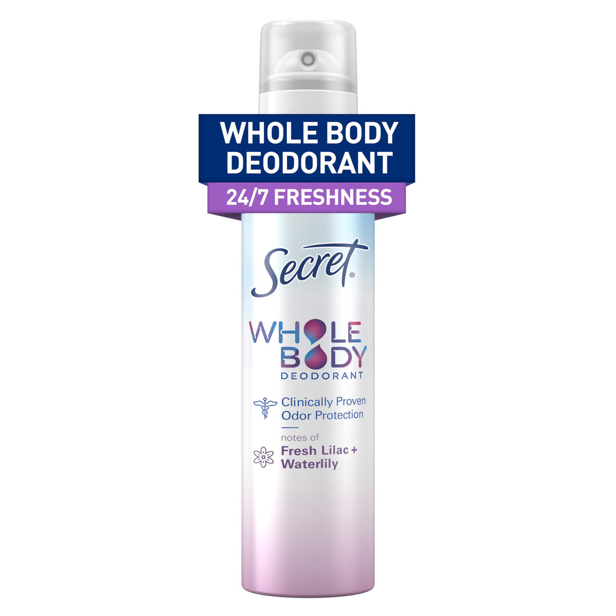 Secret Whole Body Deodorant Spray for Women, Lilac & Waterlily Scent, Aluminum Free Deodorant Spray, 72 HR Odor Protection, 3.5 oz
