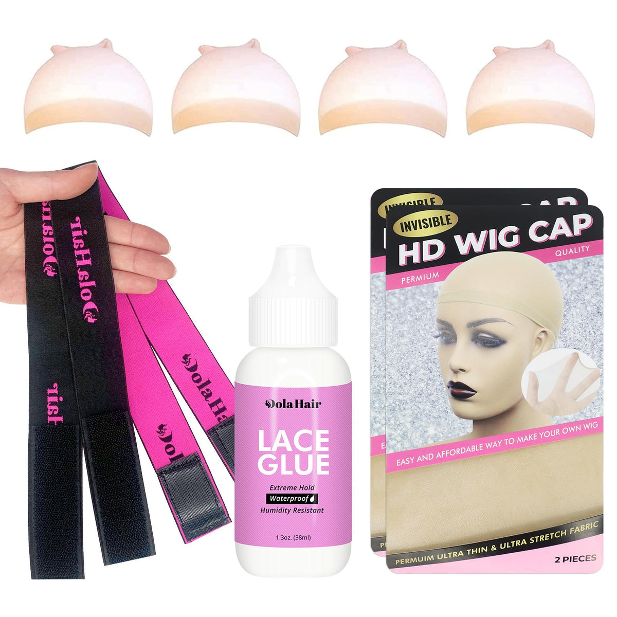 Dolahair Lace Glue, 1.3 Ounce, Waterproof, Extreme Hold, Invisible Bonding for Wigs & Hair Systems, Includes 2 Elastic Bands
