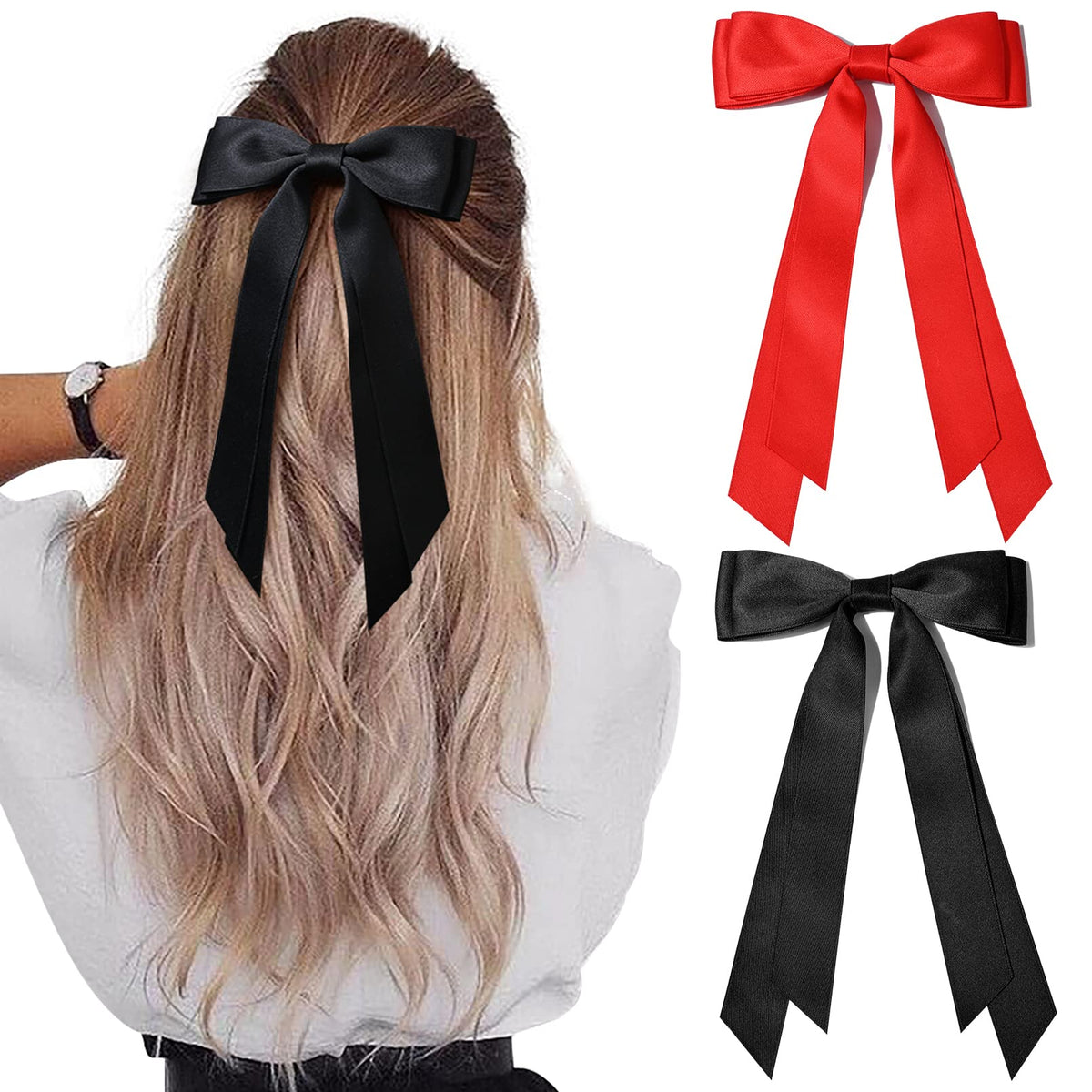 2PCS Silky Satin Hair Bows Hair Clip Black Red Hair Ribbon Ponytail Holder Accessories Slides Metal Clips Hair Bow for Women Girls Toddlers Teens Kids