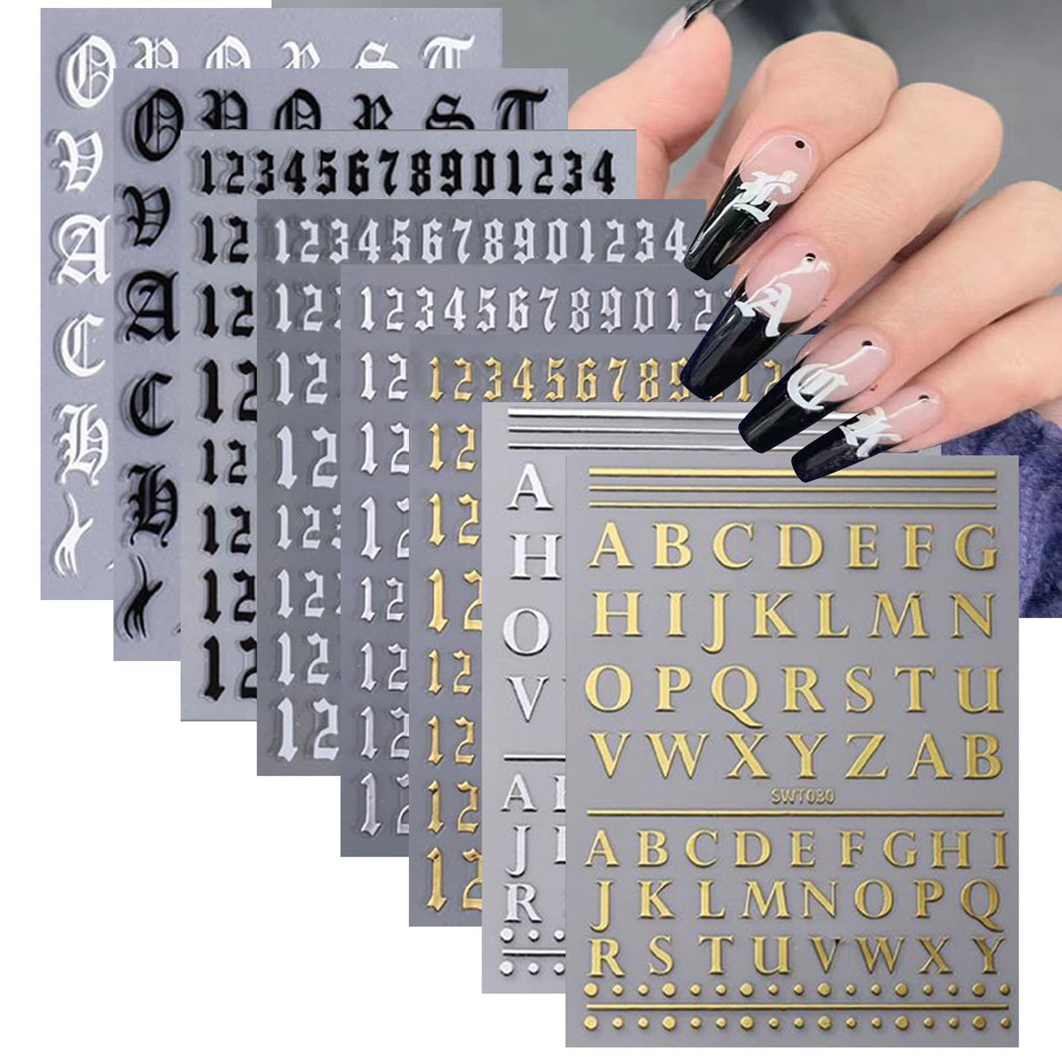 8 Sheets Letters Nail Stickers Decals Alphabet Numbers Nail Decals for Nail Art 3D Self-Adhesive Metallic Black Silver Gold Nail Art Stickers Supplies for Women Girls Nail Decoration Manicure