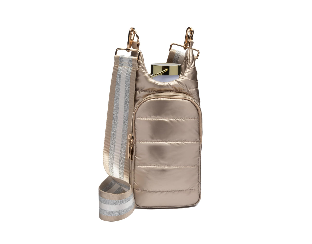 WanderFull Original Crossbody HydroBag | Quilted Water Bottle Carrier | Puffer Tote Tumbler Holder with Pockets for Phone & Accessories | Carry Travel Essentials (Gold Metallic/Interchangeable Strap)