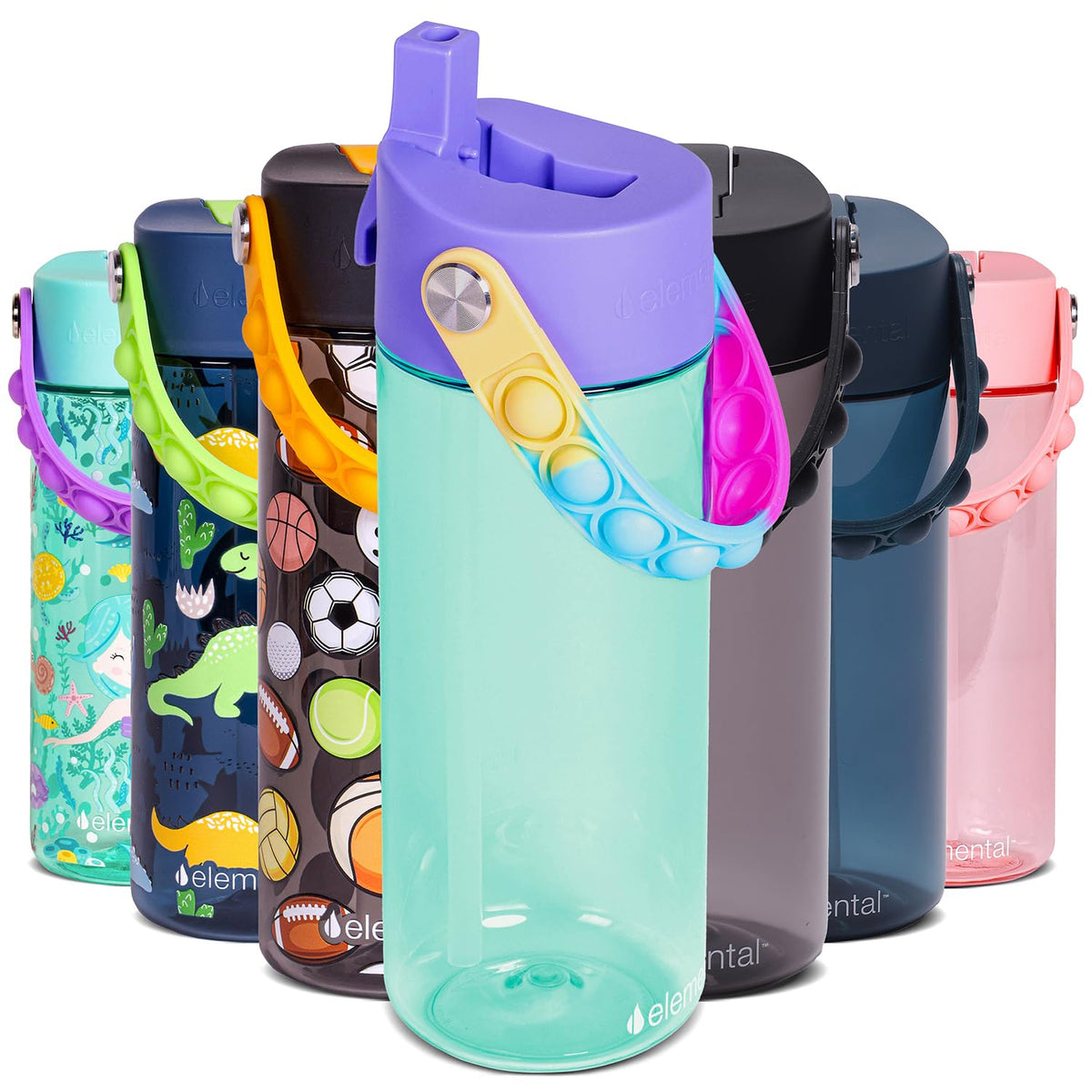 Elemental Leak Proof Water Bottles for Kids - Splash Kids Water Bottle for School with Fun Fidget Pop-it Handle - BPA Free Tritan Plastic Reusable Water Bottle with Straw - Blue Tie Dye - 18oz