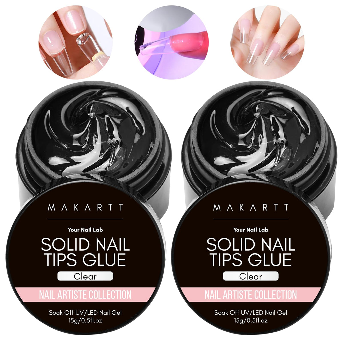 Makartt Solid Nail Glue Gel: Nail Glue for Press on Nails 2pcs, Clear Solid Gel Nail Glue for Nail Tips Strong Fake Nail Bonding Gel Glue for Acrylic Nails Non-Stick Hands Hard Gel for Nail Art 15ml*2