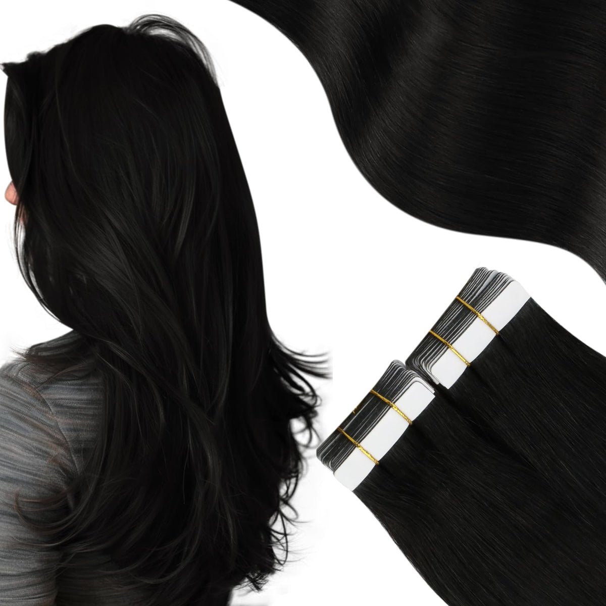 Moresoo Black Tape in Hair Extensions Human Hair Natural Black Human Hair Extensions Tape in Real Human Hair Invisible Tape in Human Hair Extensions 14 Inch #1B 20pcs 40g