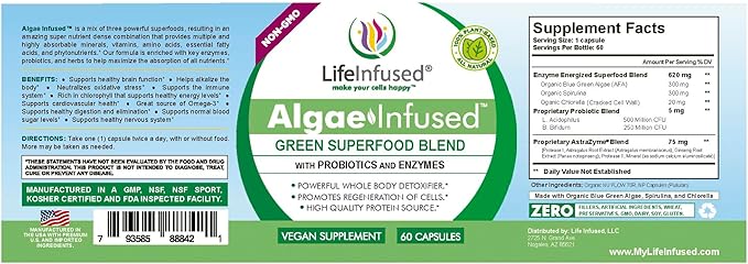 Life Infused Algae Infused - Premium Green Superfood Blend, Spirulina, Chlorella, Probiotics & Enzyme for More Energy, Digestion, Detox & Immune Support: 60 Caps
