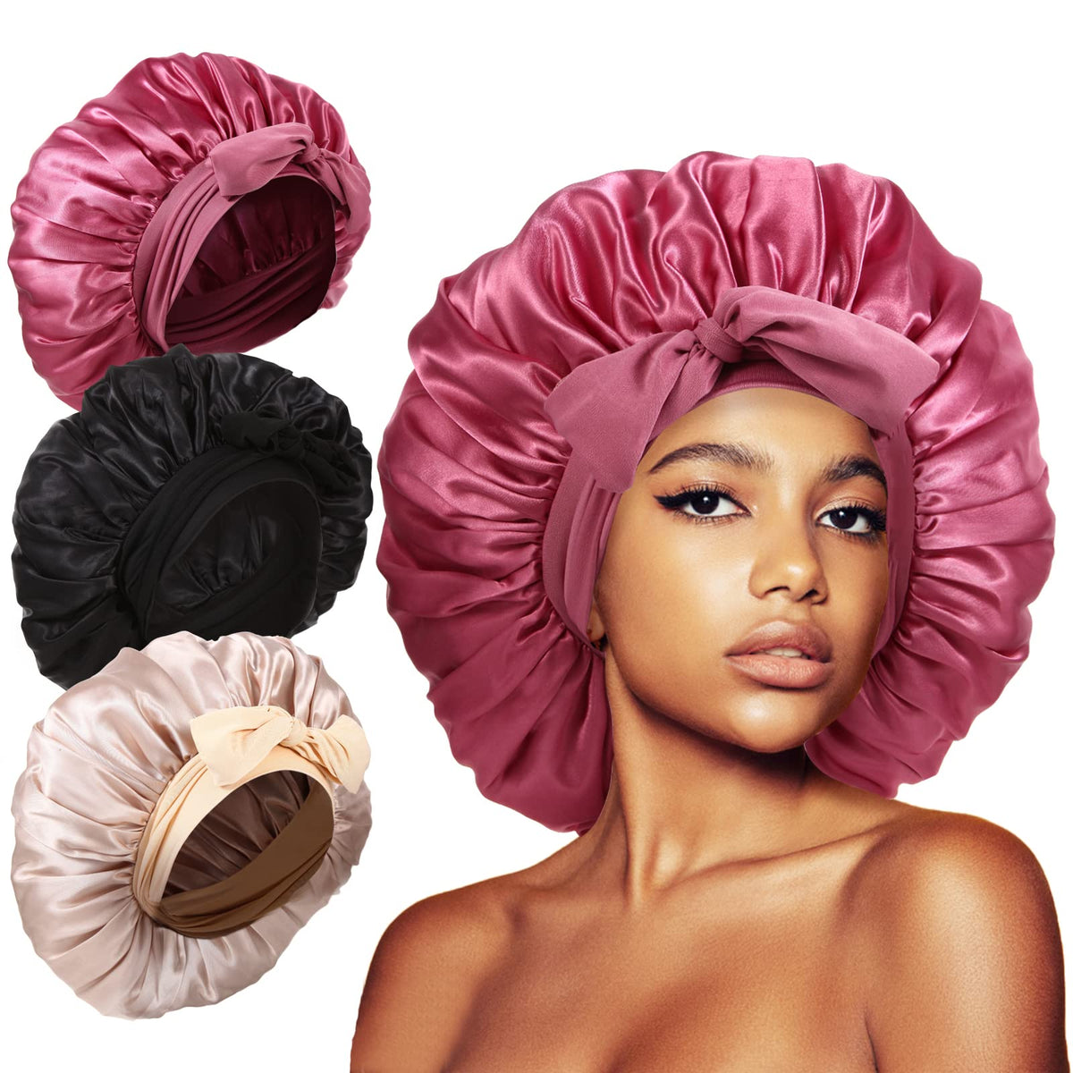 3Pcs Bonnets for Sleeping, Extra Satin Silk Bonnet for Sleeping Women with Tie Band for Curly Hair Jumbo Bonnet Braids