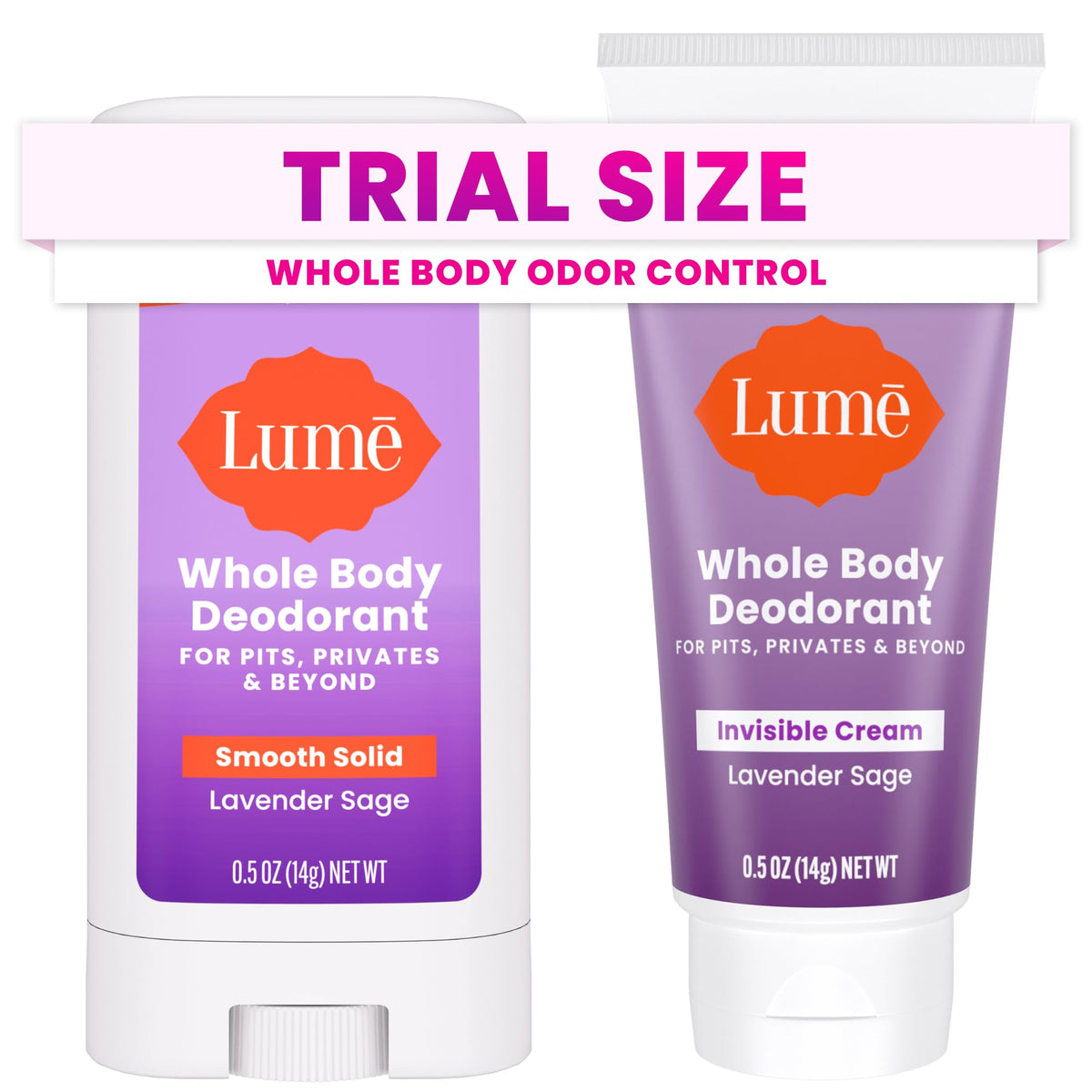 Lume Whole Body Deodorant - Invisible Cream + Solid Stick Mini Bundle - 72 Hour Odor Control - Aluminum & Baking Soda Free, Skin Loving - 0.5 Ounce Each - Travel, Trial Size Minis (Lavender Sage)