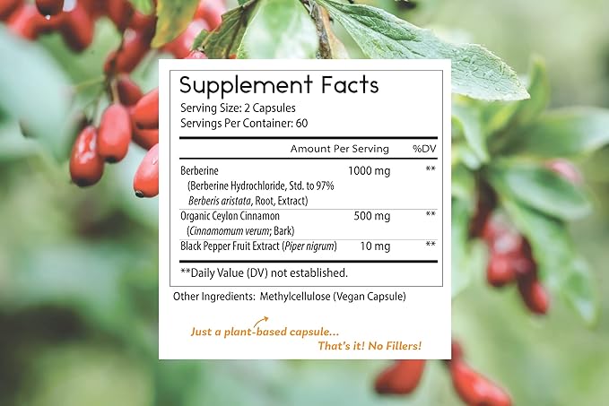 Thomas' all-natural Remedies Berberine 500mg (1000mg Per Serving)- 120 Vegan Capsules- with Ceylon Cinnamon & Black Pepper- Supports Healthy Immune Function & Overall Wellness