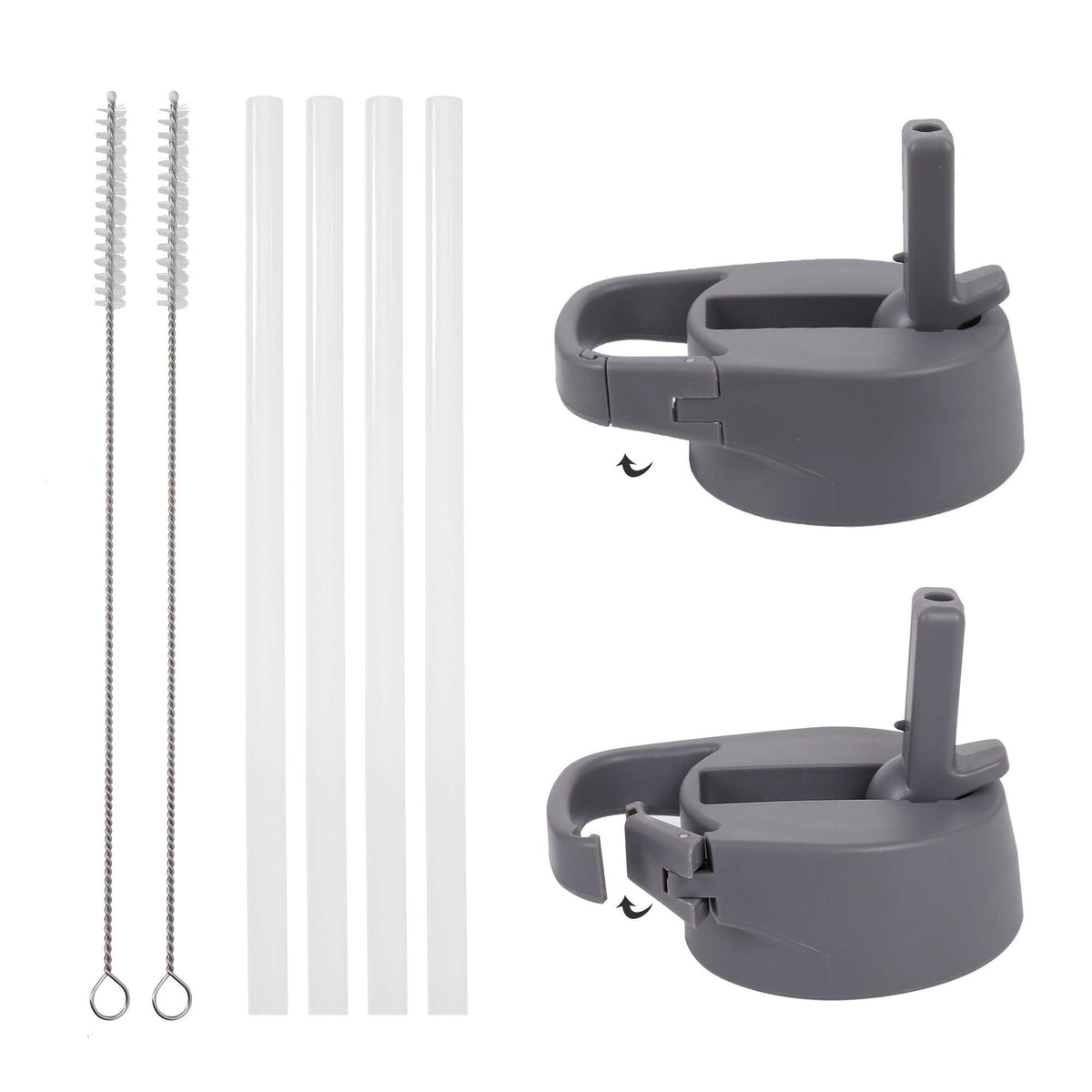 IRON °FLASK Carabiner Straw Lid for Wide Mouth Insulated Sports Water Bottles, Simple BPA Free, 2 Lids, 4 Straws, 2 Cleaning Brushes (Graphite)
