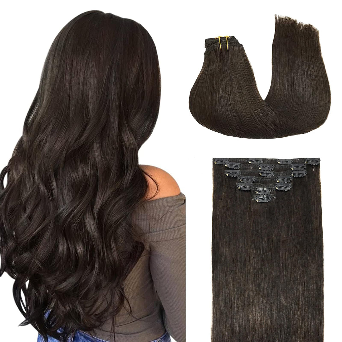 DOORES Clip in Hair Extensions Dark Brown 120g 7pcs 20 Inch Remy Human Hair Extensions Clip in Real Hair Extensions Natural Hair Straight Thick