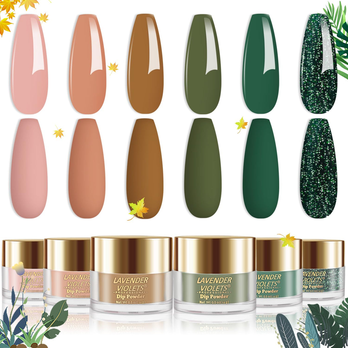 Lavender Violets Dip Powder Nail Kit, Large Capacity Set - 6 Colors Nude Pink Brown Jade Green Glitter Spring Summer Winter Colors Long Lasting Dipping Powder for Nail Art Manicure Salon J207