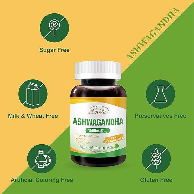 Lovita KSM-66 Ashwagandha | Highly Concentrated | 5% Withanolide | 95% Black Pepper Piperine | Stress Relief & Energy Support | Vegan, Gluten Free | 130 Capsules (Pack of 3)