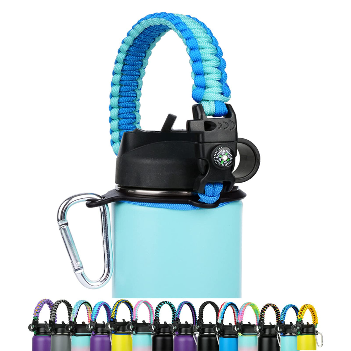 WEREWOLVES Paracord Handle - Fits Wide Mouth Bottles 12oz to 64oz - Durable Carrier, Paracord Carrier Strap Cord with Safety Ring,Compass and Carabiner - Ideal Water Bottle Handle Strap (Ocean)