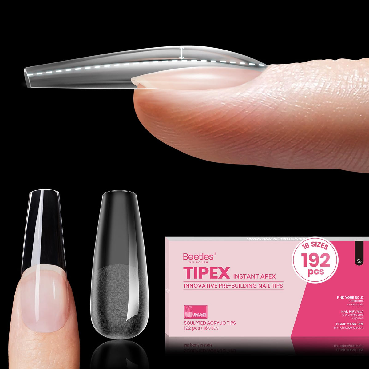 Beetles Tipex Instant Apex Nail Tips,192Pcs Pre-building Pre-Etched Gel Nail Tips Long Coffin Thicker Acrylic Nails Strong Full Cover False Nail Extension Building Gel Press-on Nails for Flat Nails