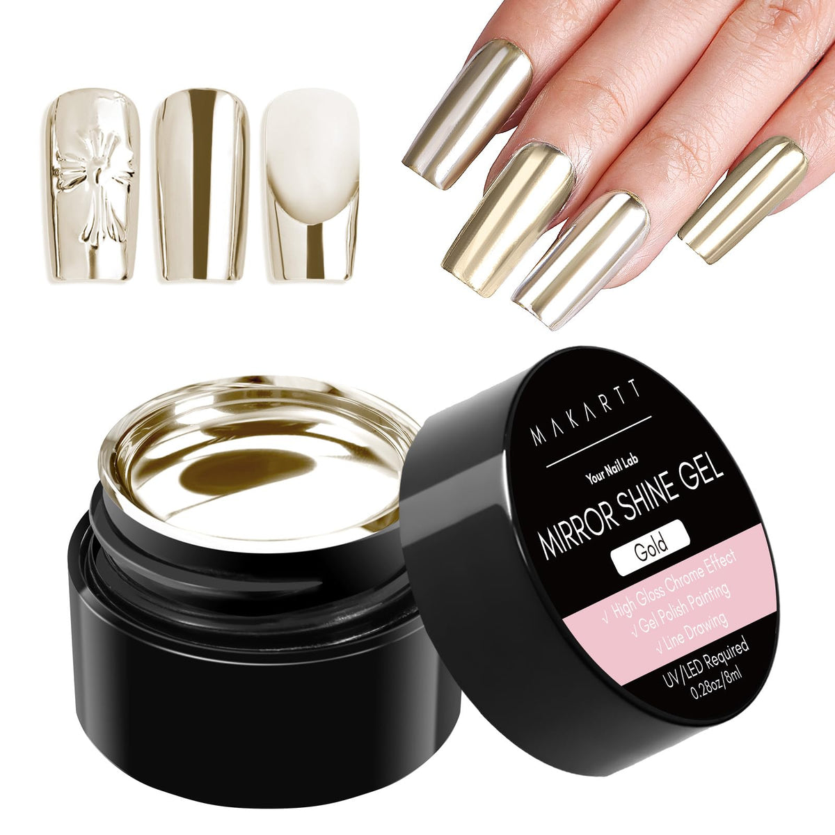 Makartt Chrome Gel Nail Polish: 8ml Metallic Gel Nail Polish, Gold 3D Metal Painting Gel for Nail Art Soak off UV/LED Glossy Mirror Effect Nail Glue Gel for Home Salon DIY Manicure