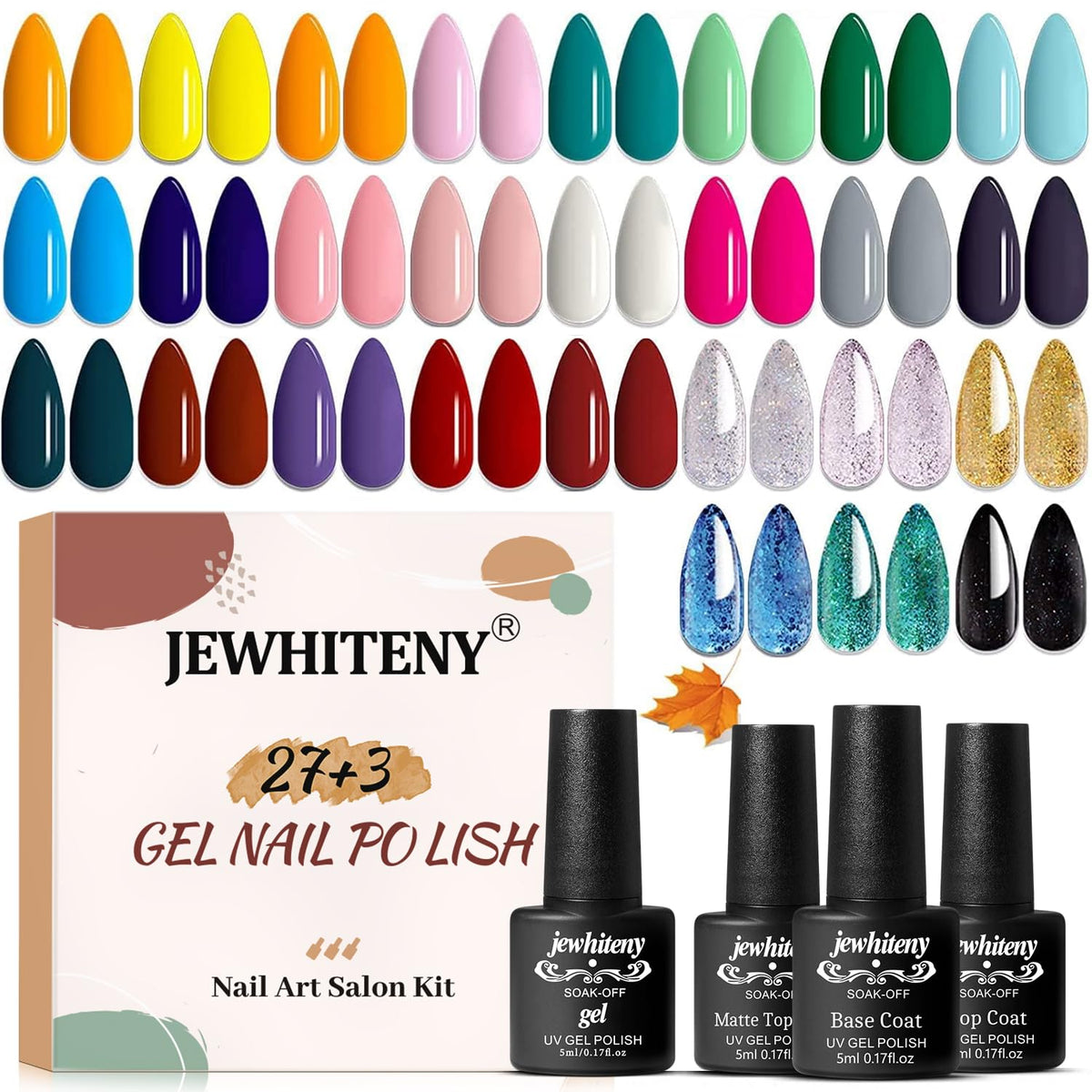 JEWHITENY 30PCS Nail Polish Kit 27 Colors Green Blue Pink Orange Gitter Sock Off Gel Polish with Matte& Glossy Top Base Coat for DIY Nail Art Manucure at Home Salon