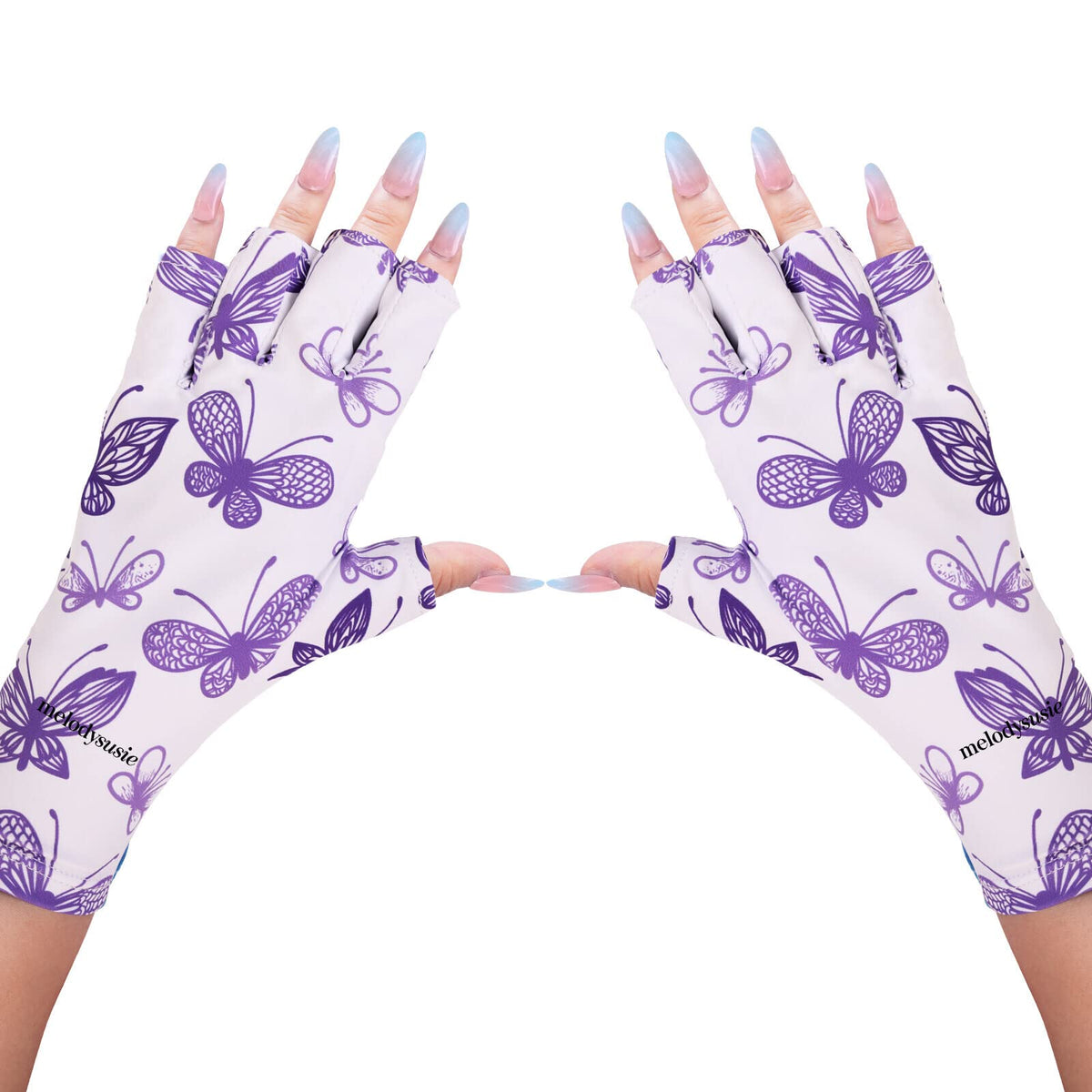 MelodySusie Anti UV Gloves for Gel Nail Lamp, Professional Protection Gloves for Manicures, Purple Butterfly UV Shield Gloves, Nail Art Skin Care Fingerless Glove Protect Hands, Home Outdoor Use