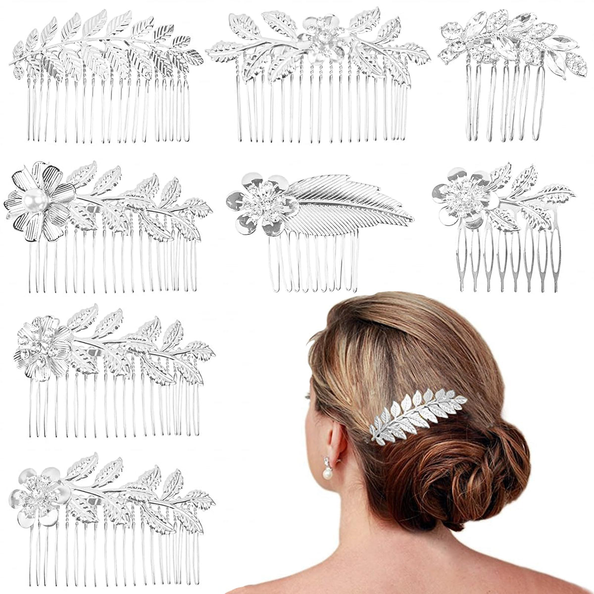 8 Pack Leaf Hair Side Combs for Women Girl, Bridal Metal Decorative Hair Comb Clips, French Twist Hair Slide Comb for Wedding Hair Accessories(Silver)