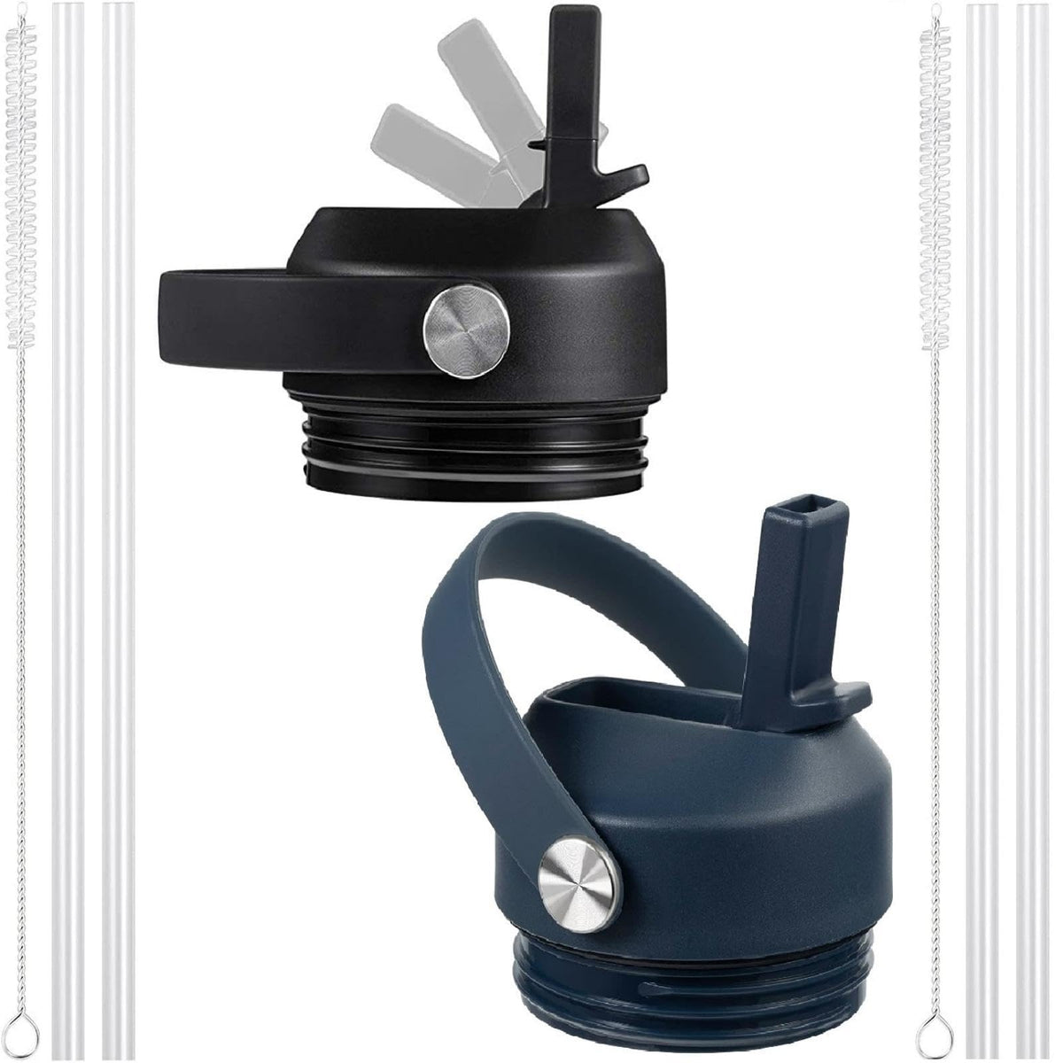 Straw lid for Yeti Rambler 18 26 36 64 oz, Lid with Straws and Flexible Handle, Replacement Cap for Yeti 18oz 26oz 36oz 64oz Rambler Water Bottle Straw Cap (Black+Navy - 2 Pack)