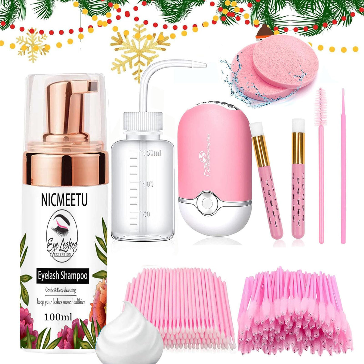 NICMEETU 100ML Lash Shampoo Kit for Extensions with USB Fan, 50 Eyelash Brushes, 100 Micro Brushes, 2 Shampoo Brushes, 2 Sponges and Rinse Bottle