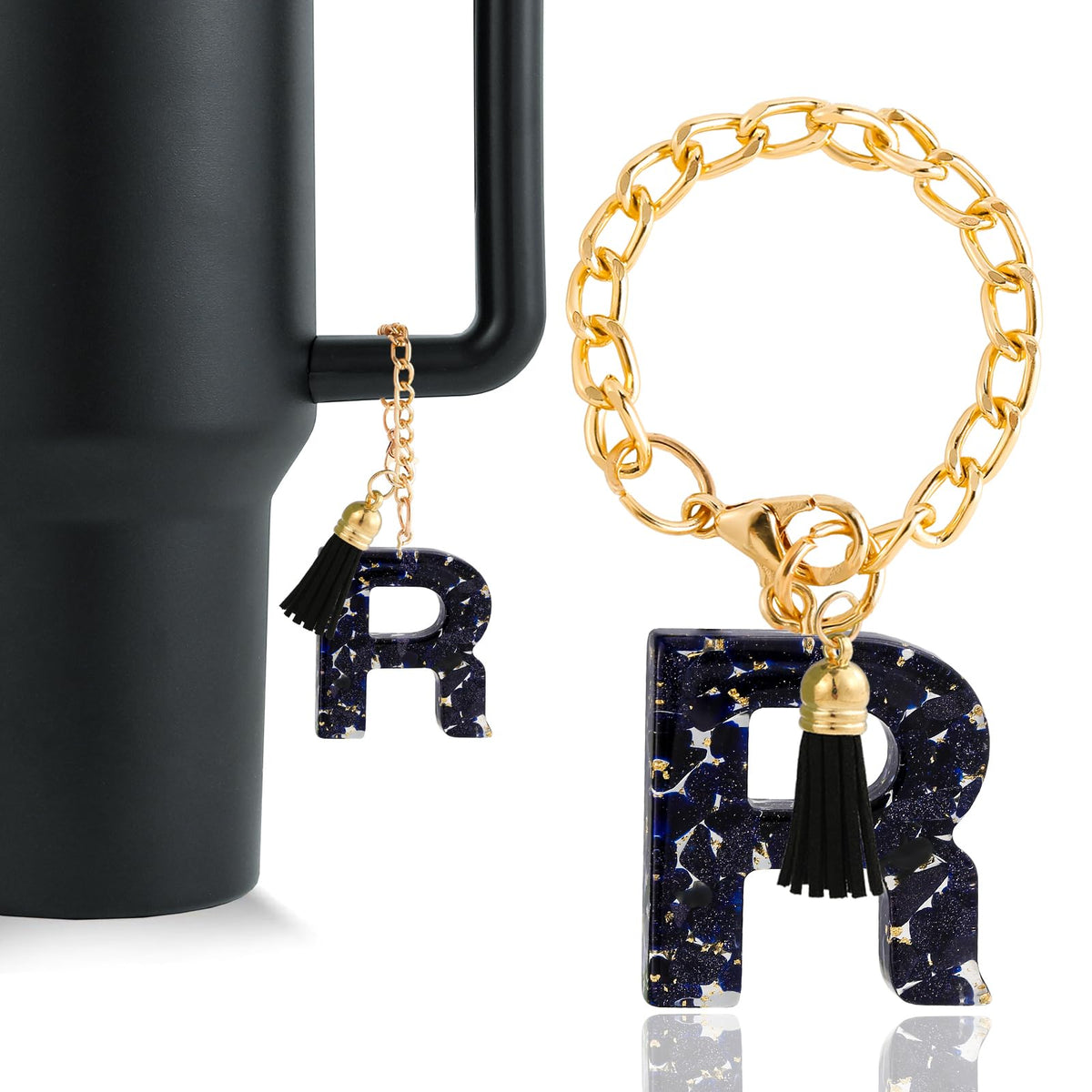 Letter Charm Accessories for Stanley Cup 1 PCS Cute Initial Keychain Handle Charm for Stanley Tumbler for Women Black Letter R