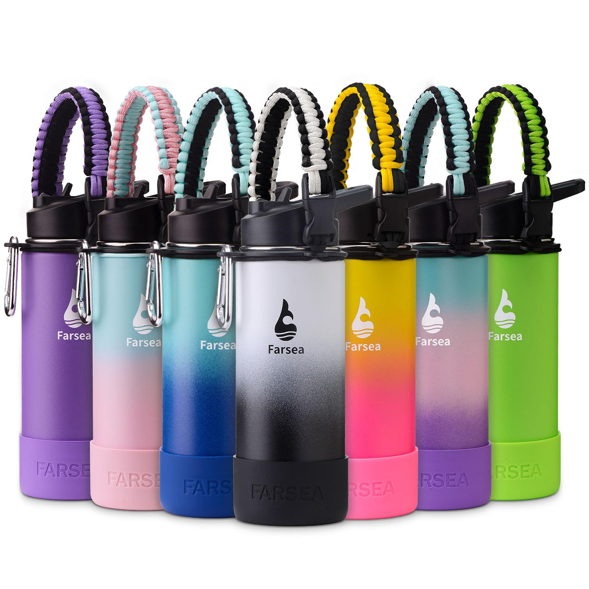 Farsea Insulated Water Bottle With Paracord Handle, Protective Boot and 2 Lids (Straw Lid & Spout Lid), Stainless Steel Water Bottle Wide Mouth, Double Wall Sweat-Proof BPA-Free, 18 oz