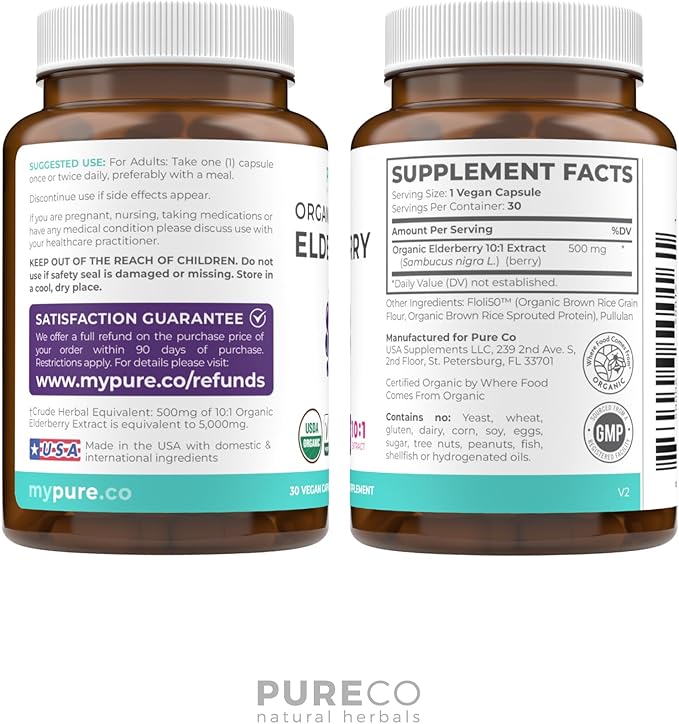 Organic Elderberry Capsules - 10:1 Extract Equals 5,000mg of Fresh Elderberries (Vegan) for Immune Support, Allergy, Sinus Relief - Sambucus Nigra - Black Elderberry - 30 Caps (No Pills or Gummies)