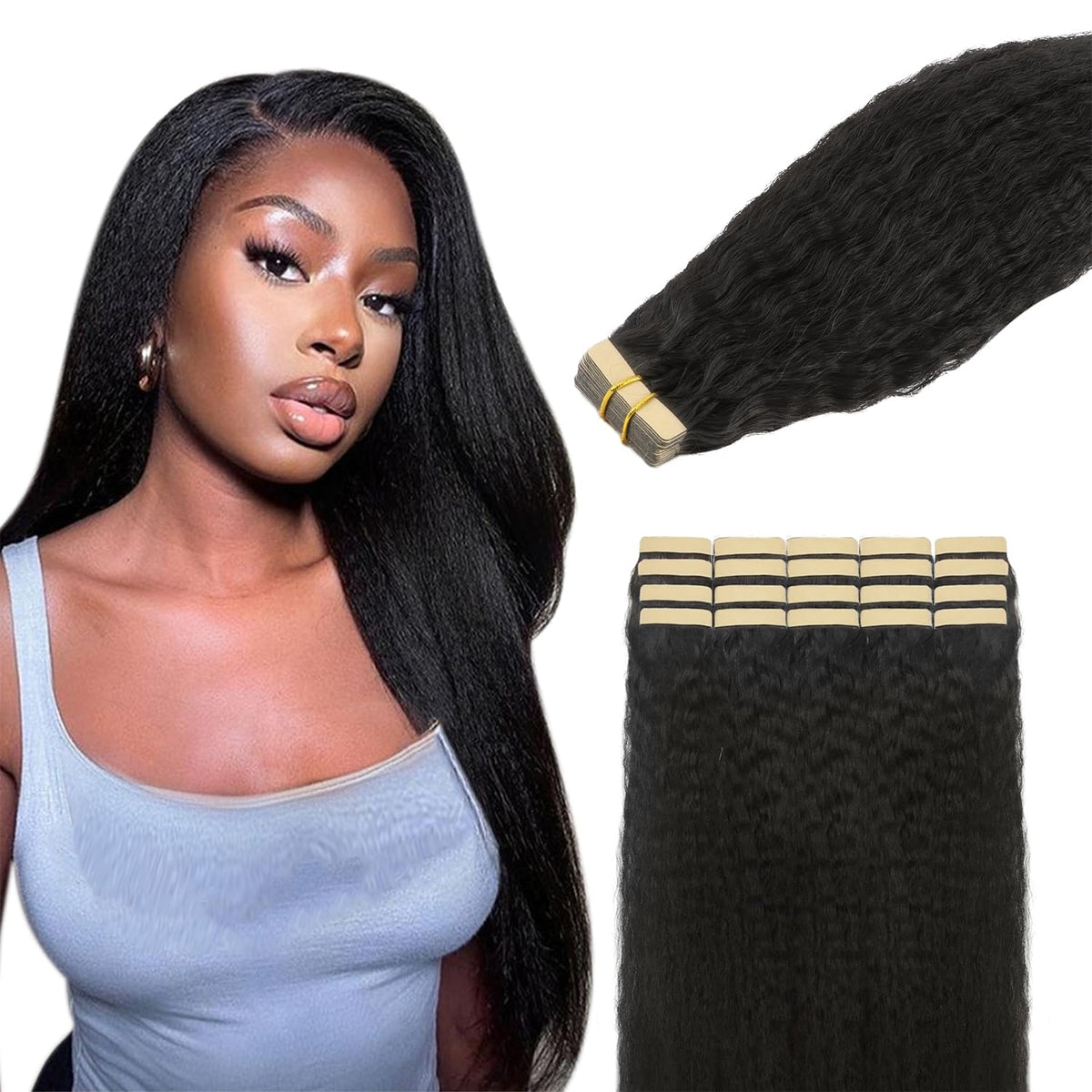 Lashey Tape in Hair Extensions Human Hair for Black Women Kinky Straight Tape in Hair Extensions Natural Black 14 Inch 50g/pack 20pcs Real Natural Human Hair for Women
