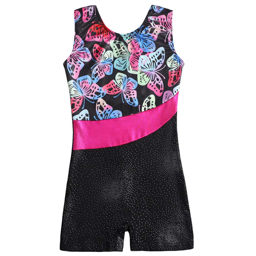 Leotards for Girls Gymnastics with Shorts Dance Costumes size 3 4 Sparkle Butterfly Flowers Pattern Sleeveless Biketards Hotpink Black (Butterfly, 100(3-4 years old))