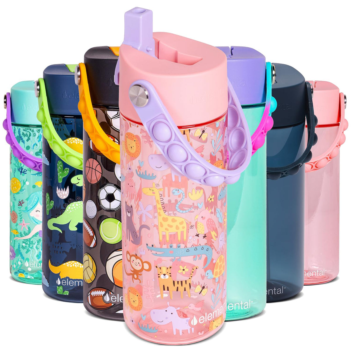 Elemental Leak Proof Water Bottles for Kids - Splash Kids Water Bottle for School with Fun Fidget Pop-it Handle - BPA Free Tritan Plastic Reusable Water Bottle with Straw - Pink Safari - 18oz