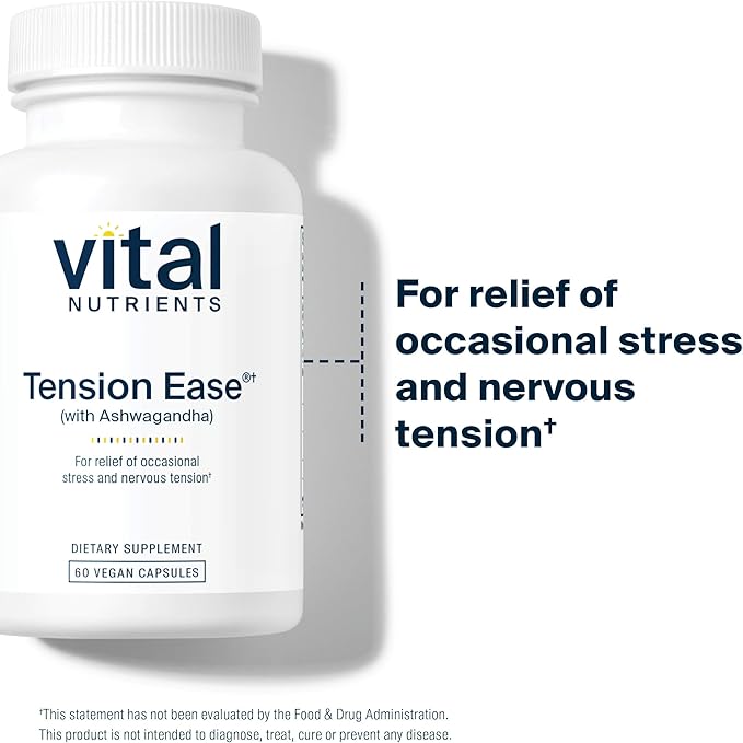 Vital Nutrients Tension Ease with Ashwagandha | Stress Relief Supplement for Relief of Occasional Stress and Nervous Tension | Gluten, Dairy, Soy Free | Non-GMO | 60 Capsules