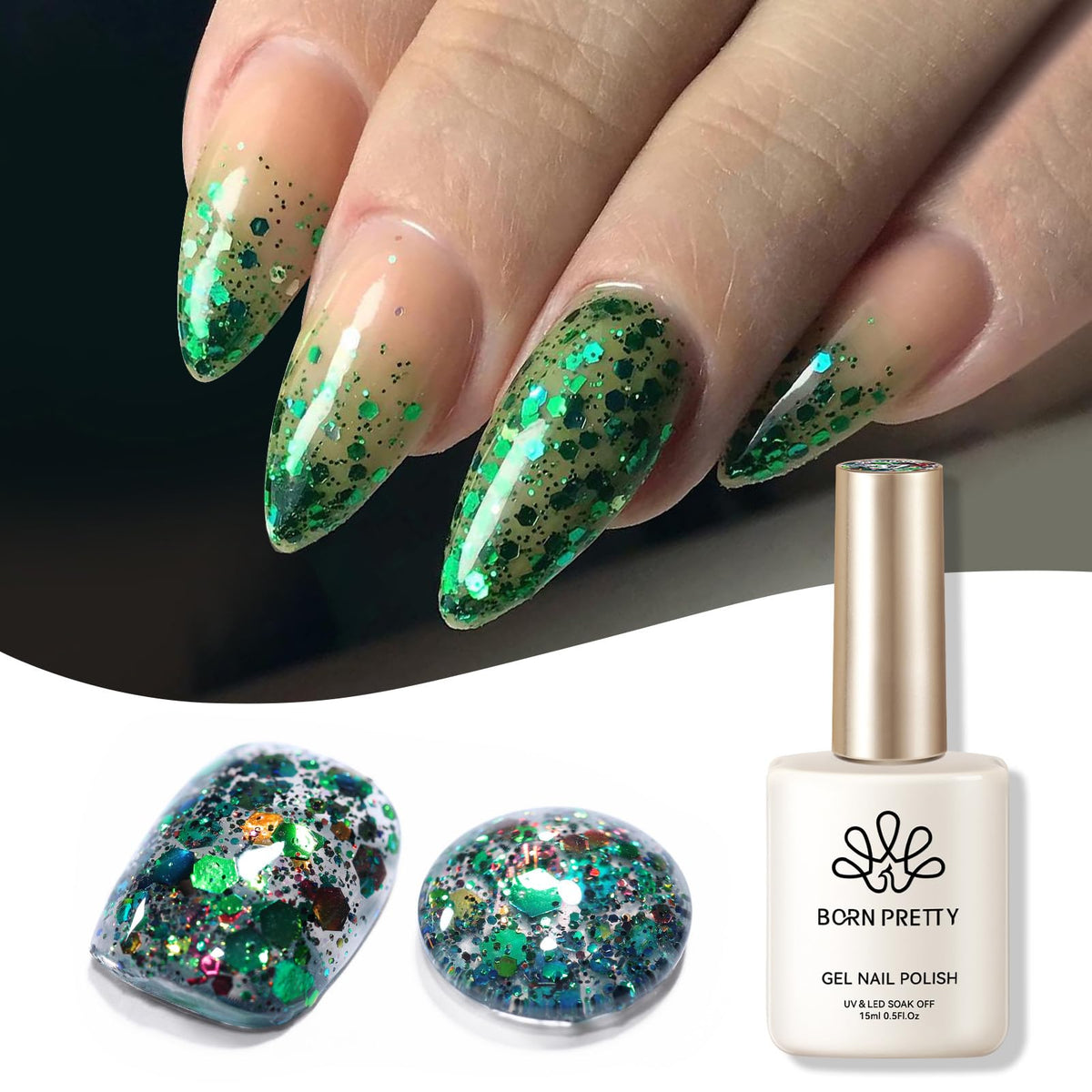 Born Pretty Christmas Green Glitter Gel Nail Polish Sparkly Shiny Glitter Sequins Green Gel Polish Hema-Free Color Gel Polish Nail Art Design Manicure DIY at Home 15ml