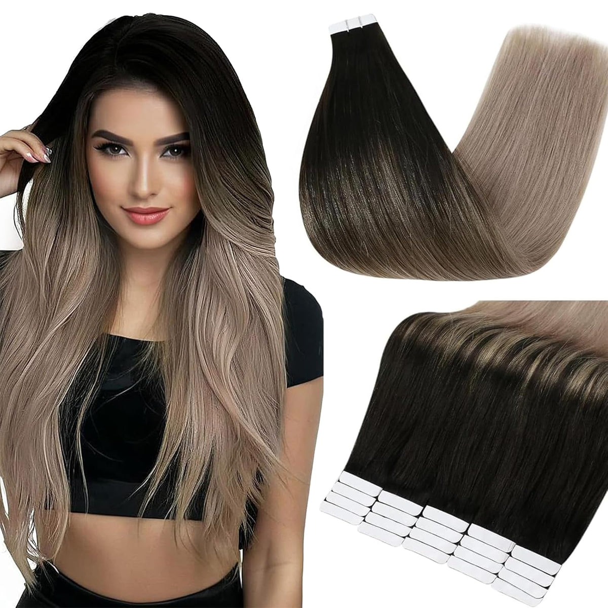 Full Shine Tape in Extensions Human Hair 12 Inch Invisible Hair Extensions Real Human Hair Tape In Color 1B/18 Black Blonde Straight Tape Ins Human Hair Extensions 20PCS 30g for Party