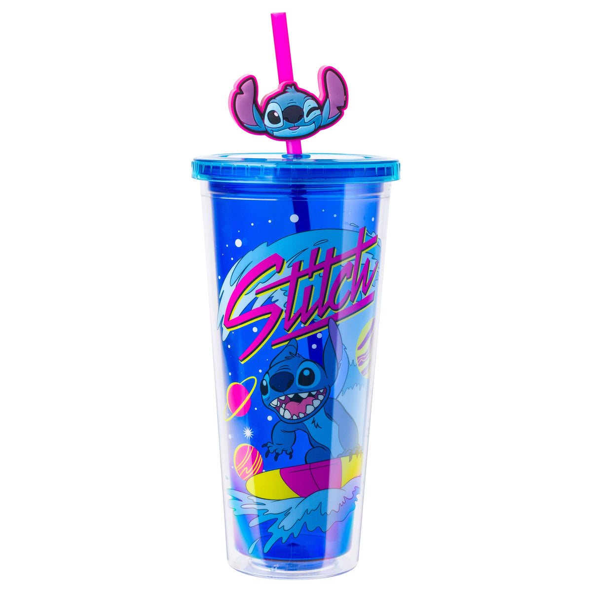 Silver Buffalo Lilo and Stitch Cosmic Surfer Name Plastic Cold Cup with Lid and Topper Straw 24 Ounces, 24oz Stitch Cosmic, 24oz