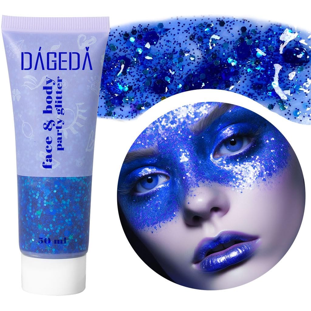 DAGEDA Body Glitter Gel, Face Glitters Body Gel Sequins Shimmer Liquid Eyeshadow, Chunky Glitter for Face Hair Nails, Holographic Cosmetic Laser Powder Festival Glitter Makeup 50ml(Blue)